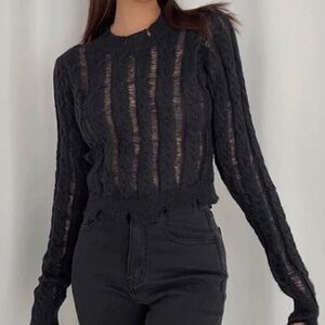 Commense - Black Edgy Ripped Crochet Knit Pullover Top